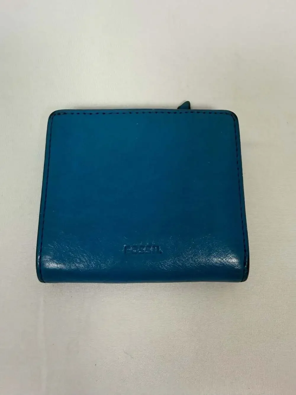 Fossil Blue Leather Bifold Mini Snap Wallet with Exterior Zip Pocket